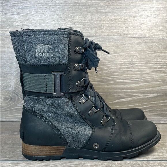 Sorel Major Carly Lace Up Womens Sz 8 Black Leather Dark Felt Gray Combat Boots - Picture 1 of 11